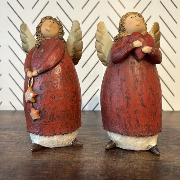 2 Curly Haired Angel Wing Figurines Red Robes Gold Heart Stars Christmas 6.5" - Picture 2 of 11